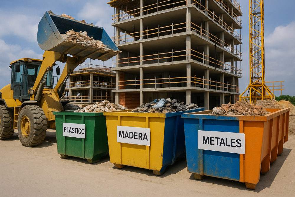Contenedores de residuos clasificados en una obra de construcción con una gestión ambiental ejemplar en Baleares.