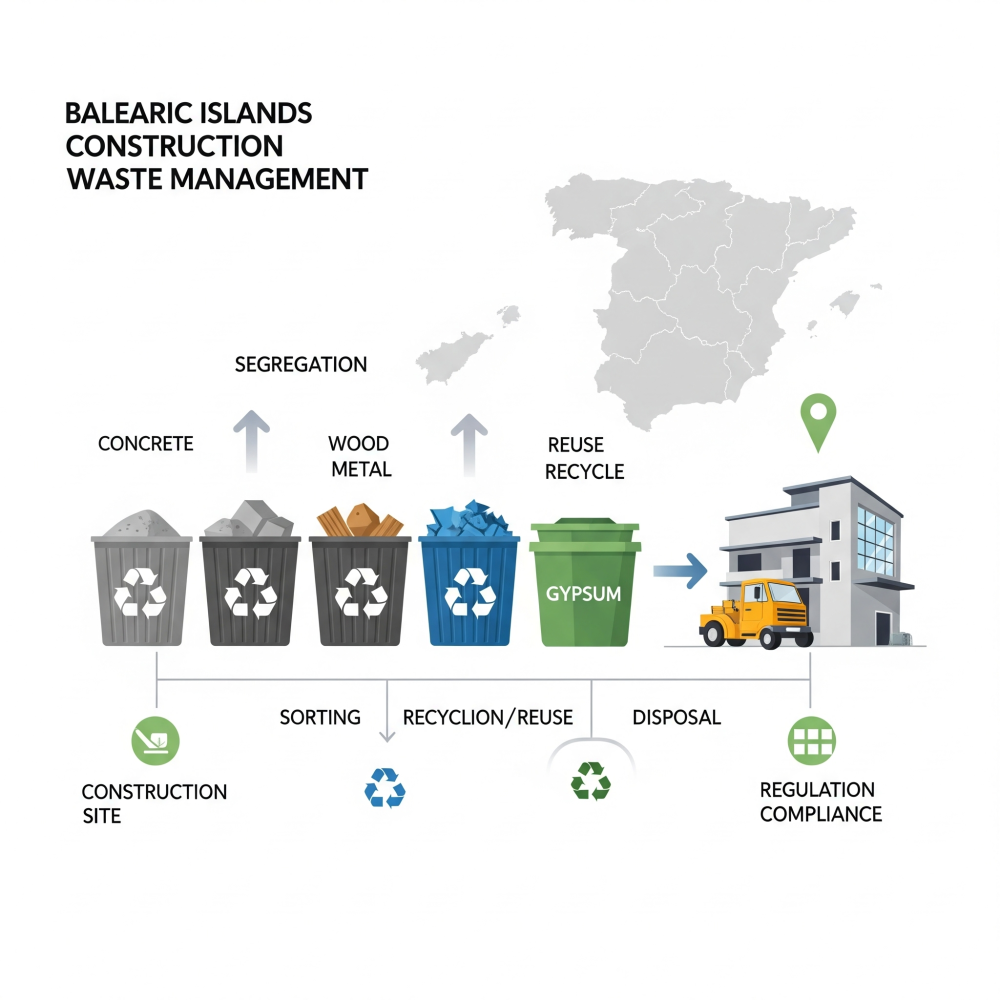 Pla de Gestió de Residus en obra a les Illes Balears amb contenidors de reciclatge. Normativa i sostenibilitat a la construcció.